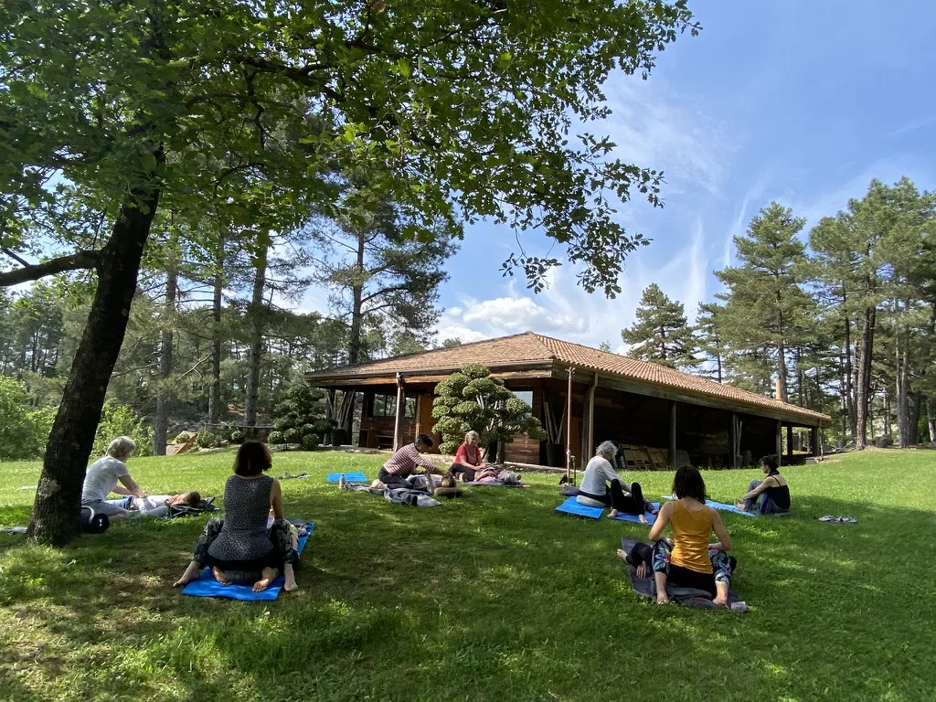 Participants allongés dans l’herbe devant le chalet